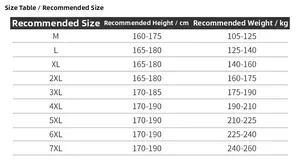 Guide des tailles détaillé pour gilet multi-poches montrant les mesures de M à 7XL