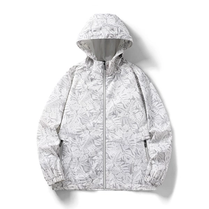 Men Tropical Leaf Print Windbreaker Jacket Hooded Lightweight Outdoor Zip Up Coat For Running Hiking Casual Outerwear