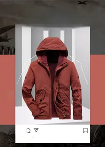 Detail view of brick red winter outdoor jacket featuring windproof hood and dual zipper closure