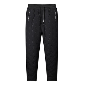 Winter men's fleece lined quilted pants with drawstring waist and zipper pockets in black