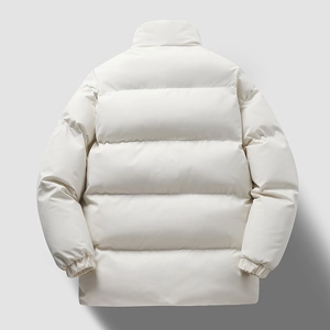Men's loose warm padded puffer jacket with stand collar in white, back view display