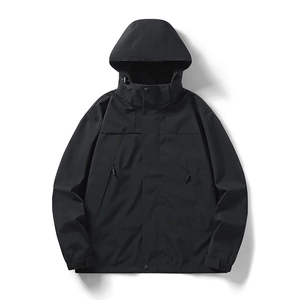 Men's casual black hooded windbreaker jacket with waterproof fabric and adjustable cuffs