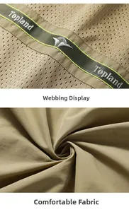 Detail of khaki outdoor jacket with breathable mesh lining and brand webbing texture