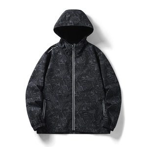 Men's dark gray windproof hooded jacket with tropical leaf pattern and reflective details
