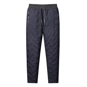 Men's navy blue quilted winter trousers with fleece lining and adjustable drawstring waist