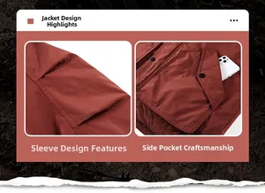 Detail view of cargo jacket sleeves and large side pockets with button closure