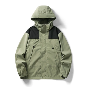 Men's outdoor hooded jacket in olive green and black color block with windproof collar