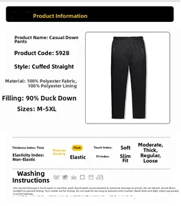 Detail specifications of men's thick 90% duck down casual jogger pants in black