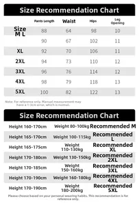 Size chart for casual sports pants with measurements from M to 5XL for height and weight