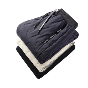 Three colors of men's winter thick fleece pants with warm lamb wool lining and drawstring
