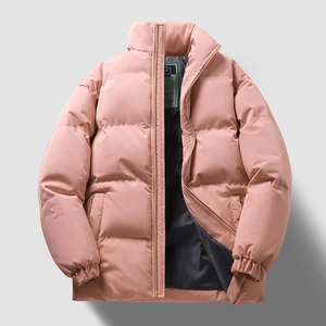 Pink winter puffer jacket with stand collar and zipper closure for men and women