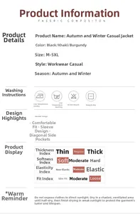 Detailed chart showing size options M-5XL and material specs for the winter cargo jacket