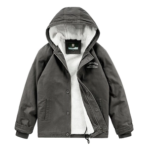 Men's winter hooded work jacket in dark grey with warm white sherpa lining and zip closure