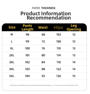 Detailed size guide for men winter down pants with measurements from M to 5XL size range