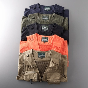 Detailed stack of multi-pocket outdoor vests in navy, green, black, orange and khaki