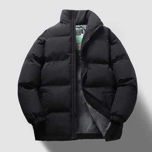 Men's winter black stand collar puffer jacket with thick padding and windproof cuffs