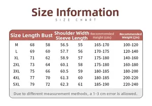 Detailed size chart for men cargo jacket including length, chest, and height guide