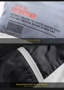 Detailed back view of men's padded vest featuring contrast branding print and inner pocket