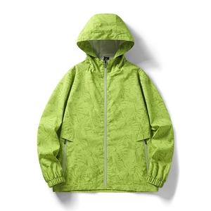 Men's neon green windbreaker with tropical leaf print and hood for outdoor sports