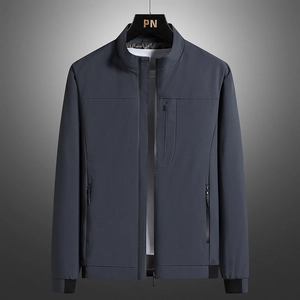 Men's business casual stand collar jacket in dark grey with ribbed cuffs and zip pockets