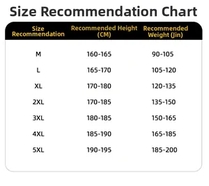 Men's winter down pants size chart with height and weight recommendations from M to 5XL
