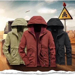 Outdoor hooded work jackets in khaki, burgundy, and black with cargo pockets