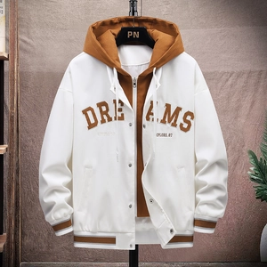 Men American Retro Faux Layered Hooded Baseball Jacket Breathable Polyester Color Block Letter Print Outerwear Casual Sports Coat