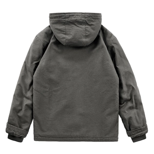 Men's winter heavy charcoal grey hooded work jacket with thick fleece lining back view
