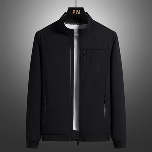 Classic men's black standing collar jacket with full zipper and utility pockets