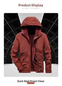 Detail of burgundy men's hooded jacket with zipper closure and protective flap pockets