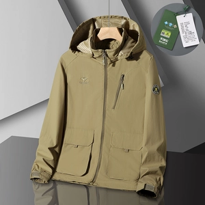Men Casual Hooded Jacket Lightweight Nylon Windbreaker Workwear Multi Pockets Outdoor Full Zip Coat For Men Daily Wear