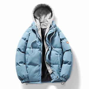 Blaue Herren Pufferjacke mit grauer Kapuze, dicke warme winddichte Winterjacke im Puffer Stil