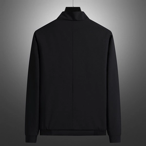 Men's casual black bomber jacket with ribbed cuffs and vertical back stitching detail