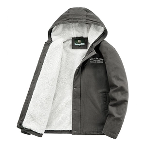 Men's winter hooded work jacket with thick sherpa lining and letter print design