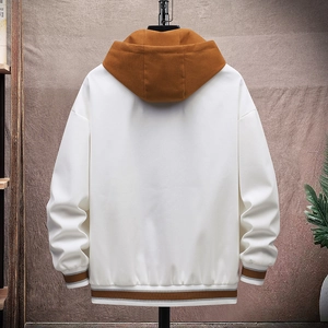 Mens hooded patchwork baseball jacket in white and caramel with lettered graphic back