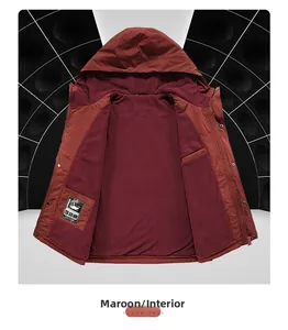 Detail of warm fleece lining and interior pocket on burgundy men's outdoor jacket