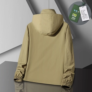Men's khaki hooded windbreaker casual work jacket in 100% polyester back view display