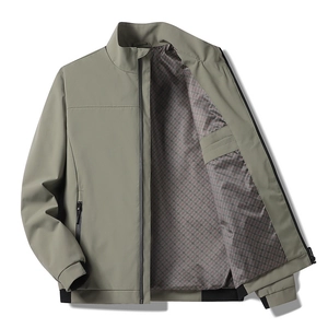 Men's casual olive green jacket with stand collar and plaid lining for spring and autumn