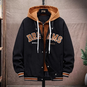 Men's retro hooded letter baseball jacket in black and brown with Dreams embroidery