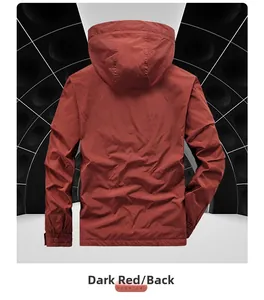 Rear view of maroon men's hooded work jacket with windproof fabric and elastic cuffs