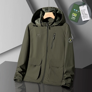 Men's olive green hooded windbreaker jacket with cargo pockets and zipper closure