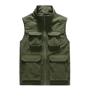 Gilet de Pêche Cargo de Plein Air pour Hommes Nylon Respirant Multi-poches Gilet Utilitaire Col Montant Photographie Décontractée