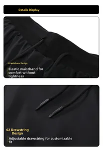 Detail of black sports trousers showing elastic waistband and drawstring with heat-shrink tips