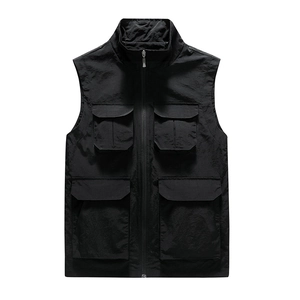 Gilet utilitaire homme ample à poches multiples, col montant et fermeture éclair noir