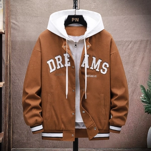 Men's brown and white hooded baseball jacket with DREAMS letter print and casual loose fit