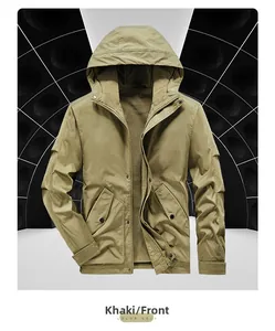 Detail view of khaki work jacket featuring hood, large pockets, and windproof fabric