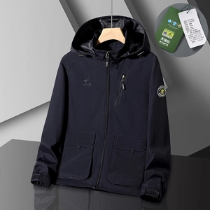 Men's casual navy blue hooded jacket with outdoor utilitarian style and logo detail