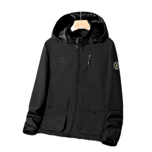 Men's black hooded outdoor jacket with tactical pockets and zip closure for spring