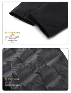 Close-up of straight hem and quilted thermal lining of men's black down trousers