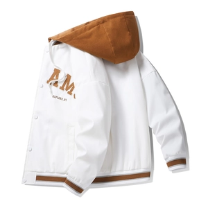 Men's retro hooded varsity jacket with letter embroidery and contrast brown sleeves